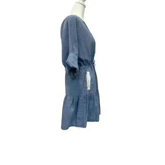 Joie Ecidra Cotton Chambray Tie Waist Tiered Pocket Pullover Mini Dress Blue S - Picture 4 of 7